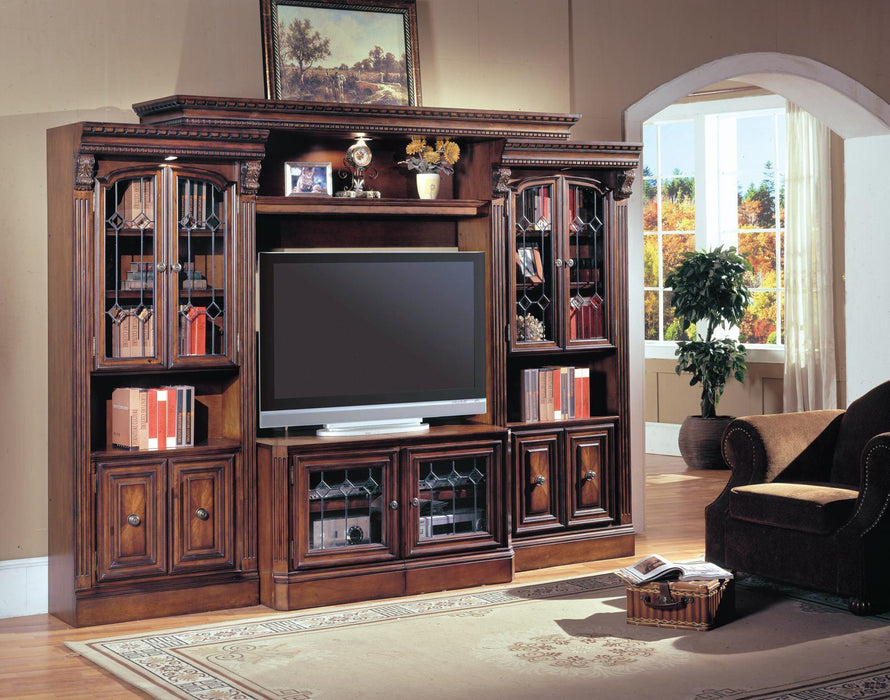 Parker House Huntington Expandable Glass Door Entertainment Wall in Vintage Pecan - Visions in Furniture (La Mirada, CA)