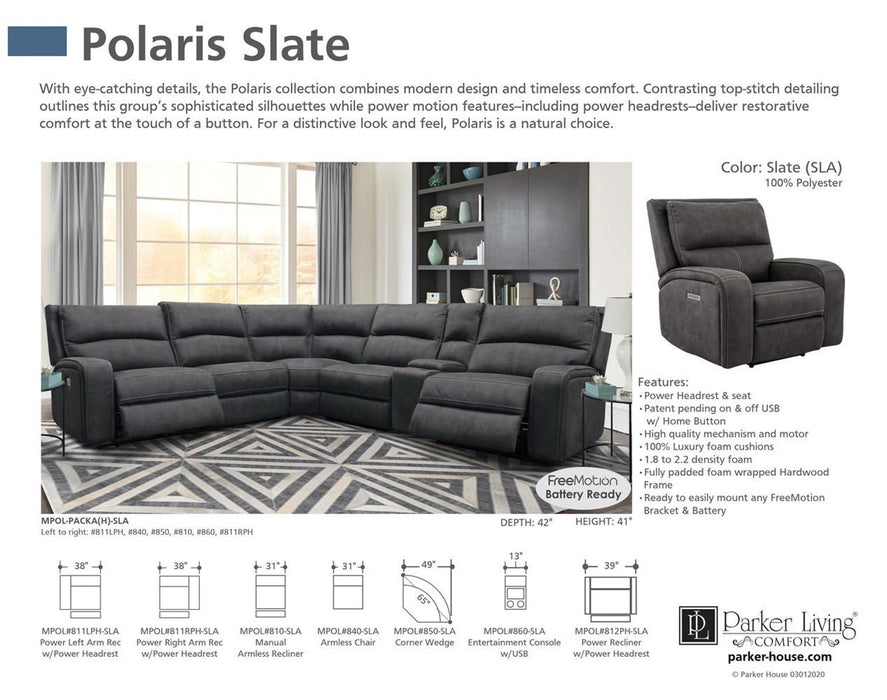 Parker House Polaris Manual Armless Recliner  in Slate - Visions in Furniture (La Mirada, CA)