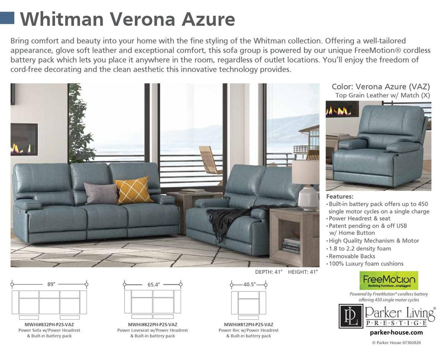 Parker House Whitman Power Cordless Loveseat in Verona Azure - Visions in Furniture (La Mirada, CA)