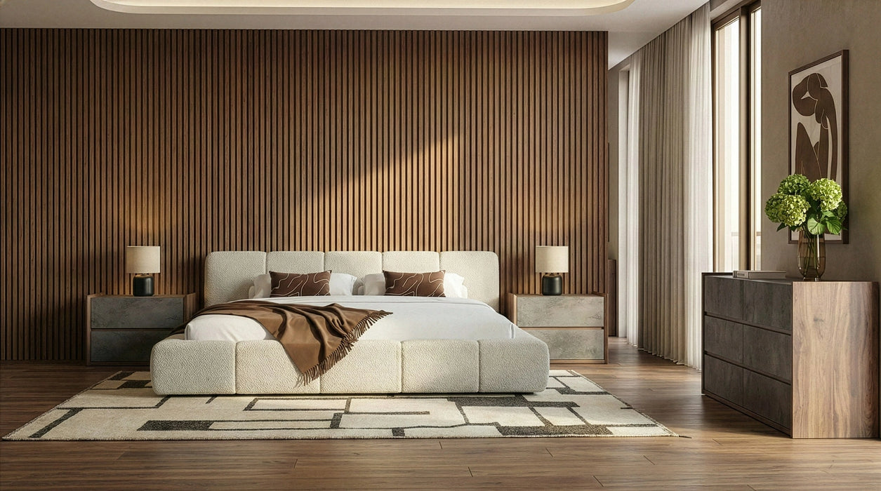 Lamont + Rado - Modern Beige Fabric + Walnut 4-Piece Bedroom Set