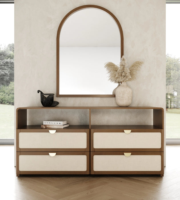 Harris + Emilio - Modern Off-White Fabric + Burlap + Walnut 4-Piece Bedroom Set