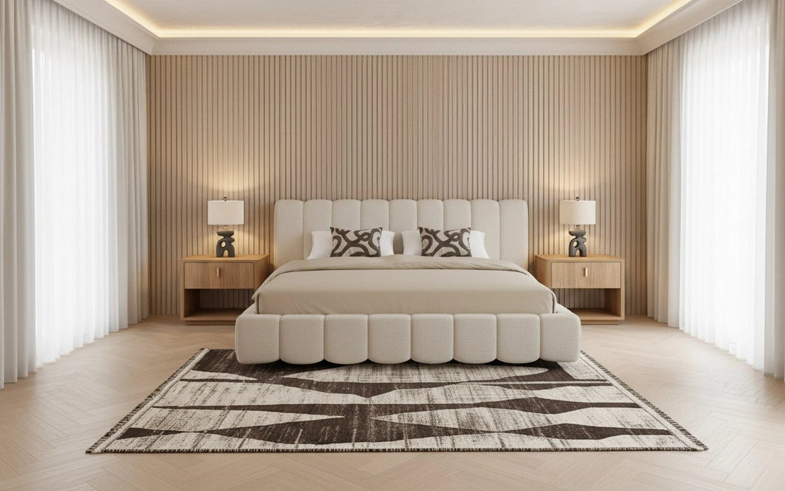 Harris + Roma - Modern Off-White Fabric + Oak 4-Piece Bedroom Set