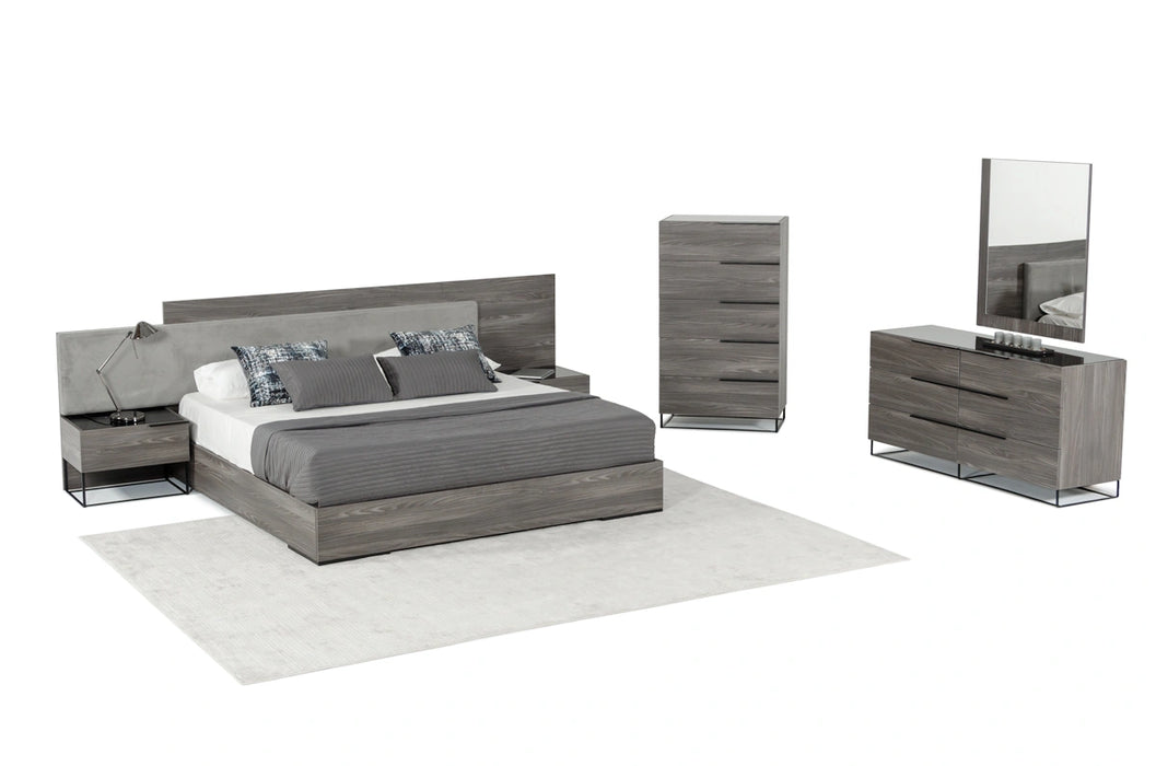 Enzo Italian Modern Grey Oak & Fabric Bed w/ Nightstands