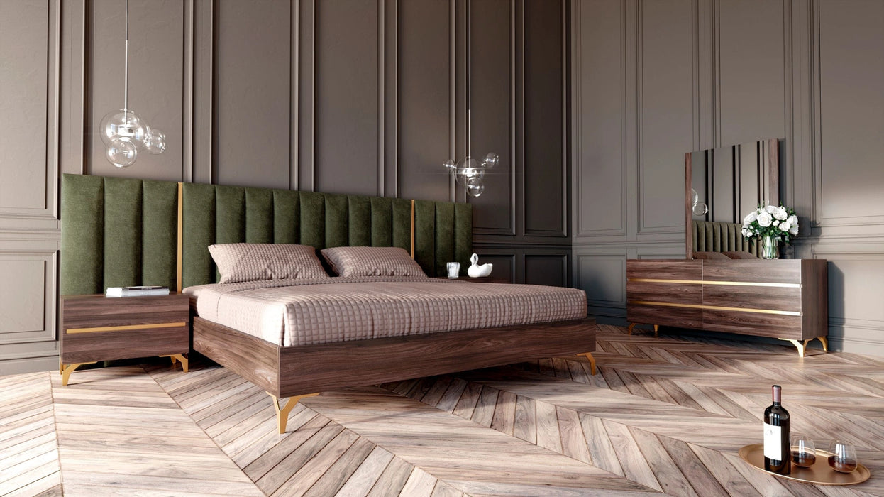 Calabria Modern Walnut & Green Velvet Bed & Nightstands
