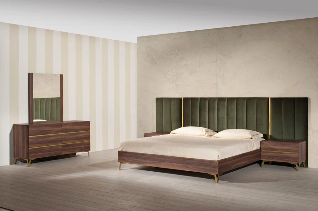 Calabria Modern Walnut & Green Velvet Bedroom Set