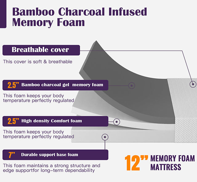 Nasturtium 12" Full Bamboo Charcoal Infused Memory Foam - Visions in Furniture (La Mirada, CA)