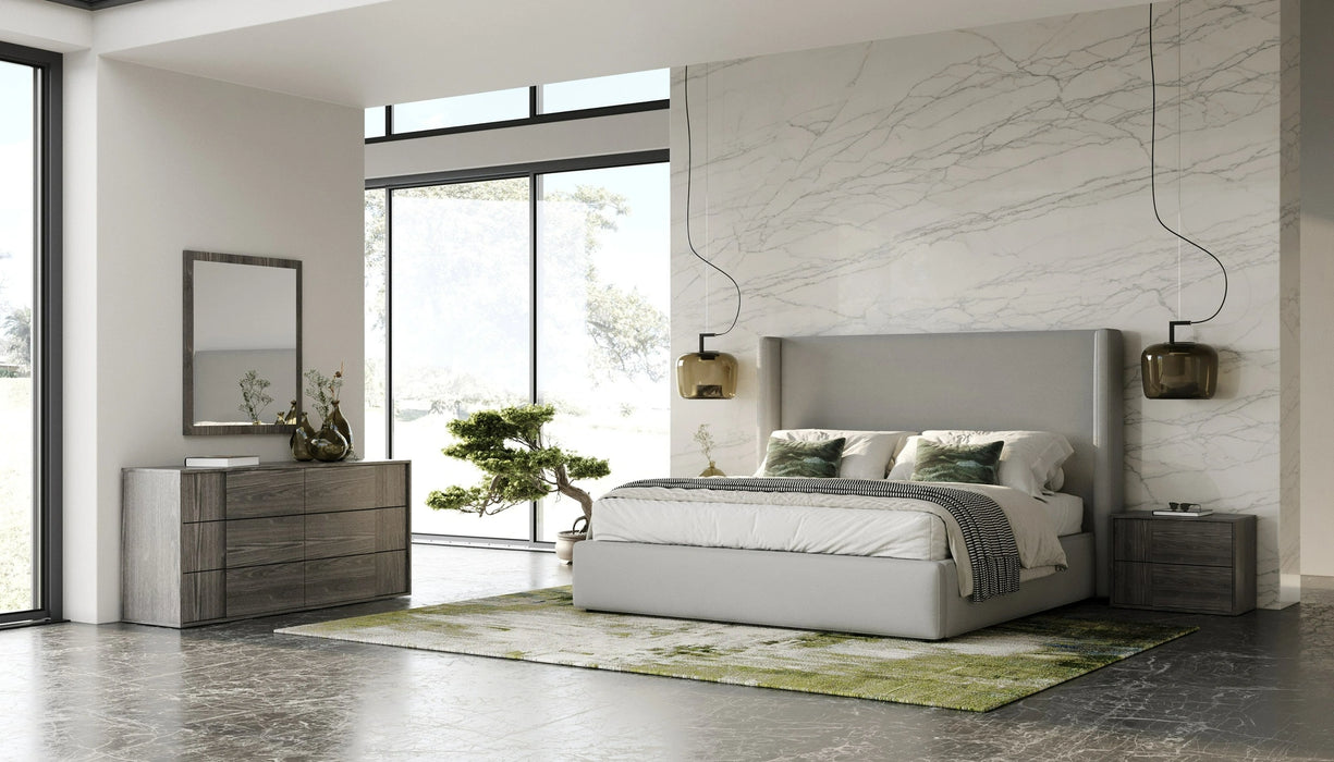 Byrne + Asus - Modern Grey Fabric + Elm Grey Bed & 2 Nightstands