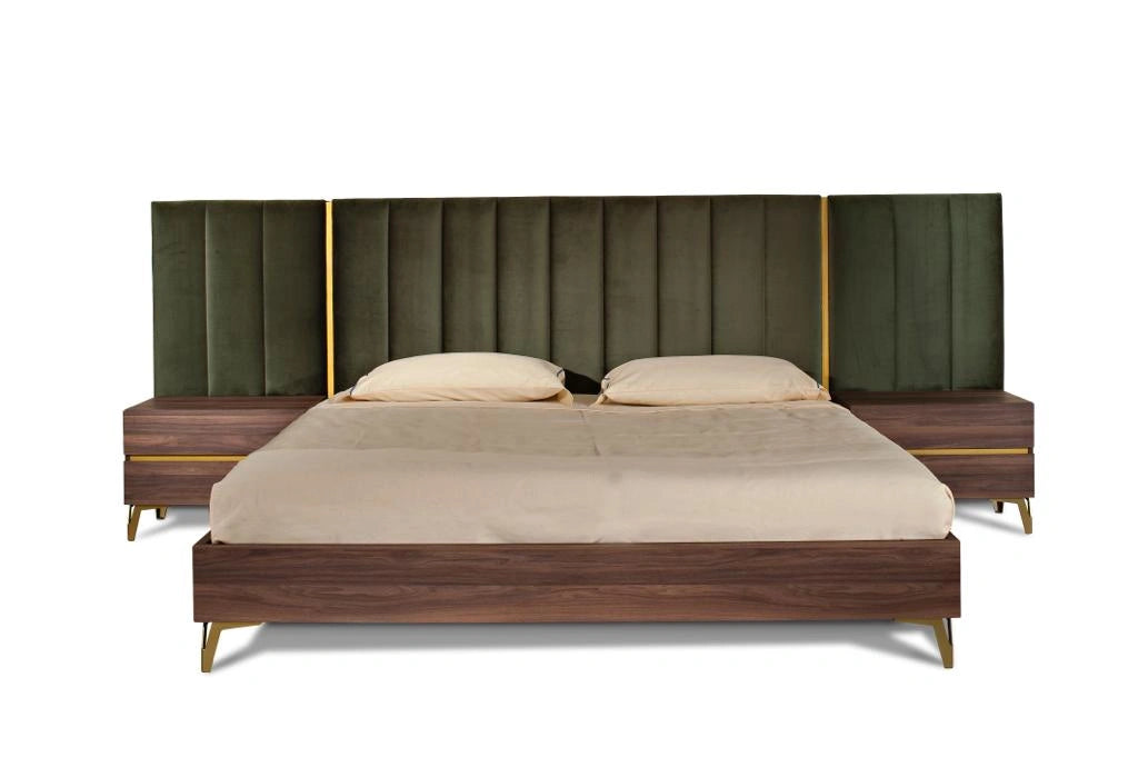 Calabria Modern Walnut & Green Velvet Bed & Nightstands