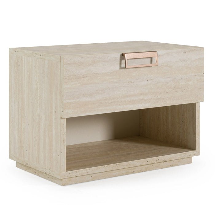 Breslow + Lago - Modern Dark Taupe Fabric + Faux Travertine 4-Piece Bedroom Set