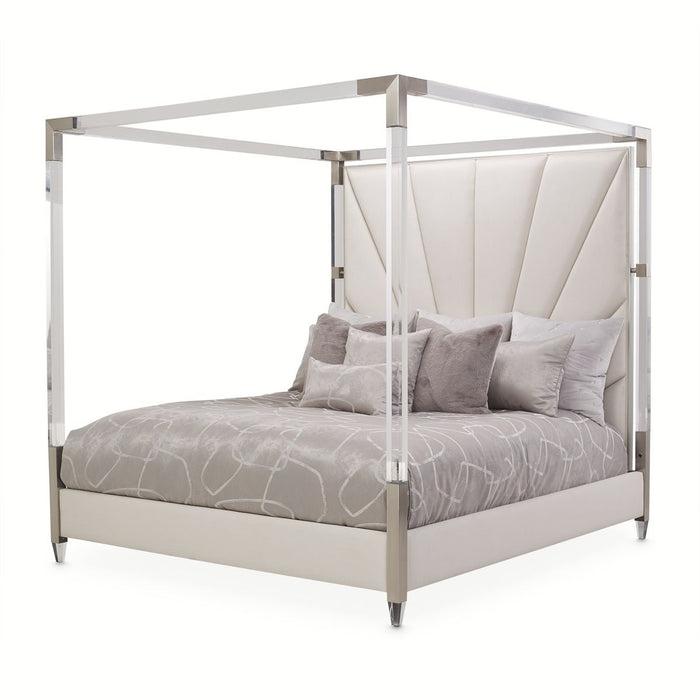 AICO Penthouse/Lanterna King Canopy Channel Tufted Upholstered Bed in Silver Mist - Visions in Furniture (La Mirada, CA)