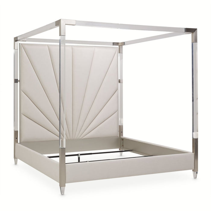 AICO Penthouse/Lanterna King Canopy Channel Tufted Upholstered Bed in Silver Mist - Visions in Furniture (La Mirada, CA)