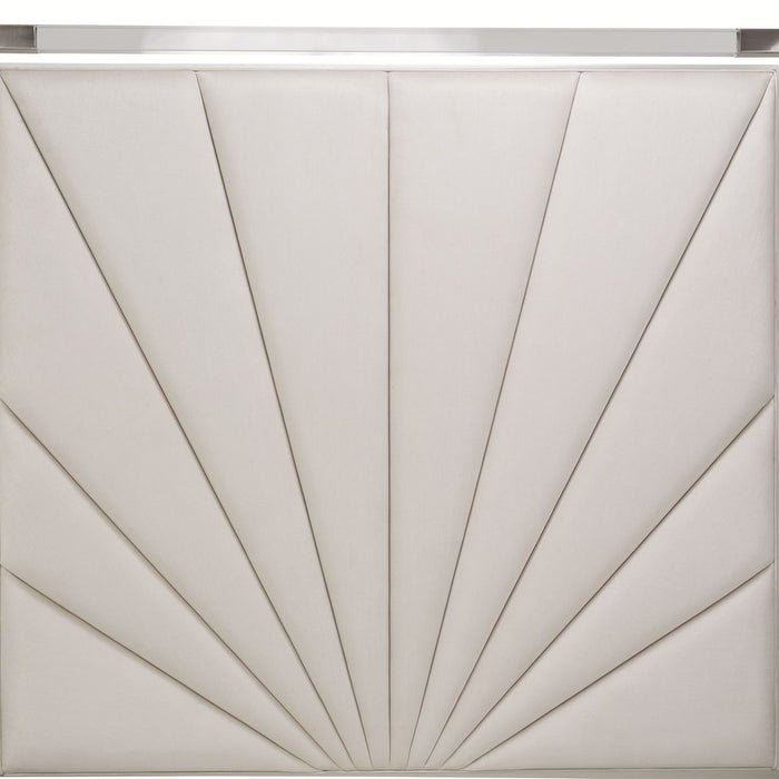 AICO Penthouse/Lanterna King Canopy Channel Tufted Upholstered Bed in Silver Mist - Visions in Furniture (La Mirada, CA)