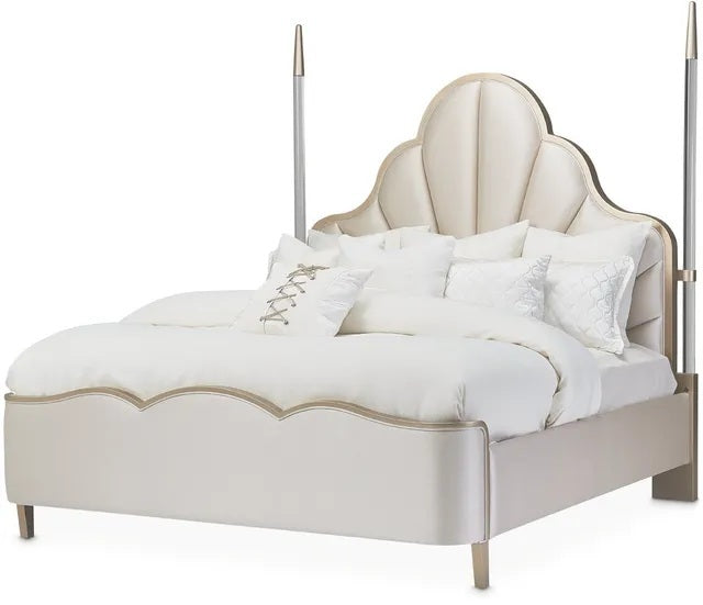 AICO Malibu Crest Queen Scalloped Poster Bed in Chardonnay - Visions in Furniture (La Mirada, CA)