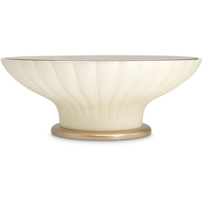 AICO La Rachelle Round Scalloped Cocktail Table with Glass in Medium Champagne - Visions in Furniture (La Mirada, CA)