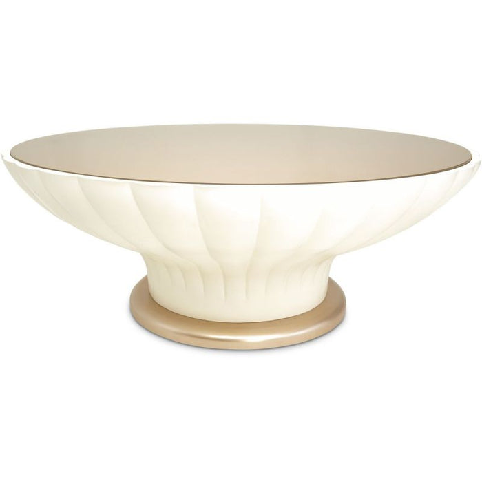 AICO La Rachelle Round Scalloped Cocktail Table with Glass in Medium Champagne - Visions in Furniture (La Mirada, CA)